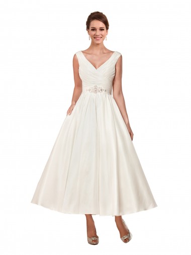 V-Neck A-Line Short Ankle Length Satin Wedding Dress Geelong