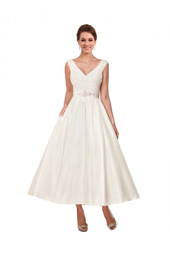 V-Neck A-Line Short Ankle Length Satin Wedding Dress Geelong