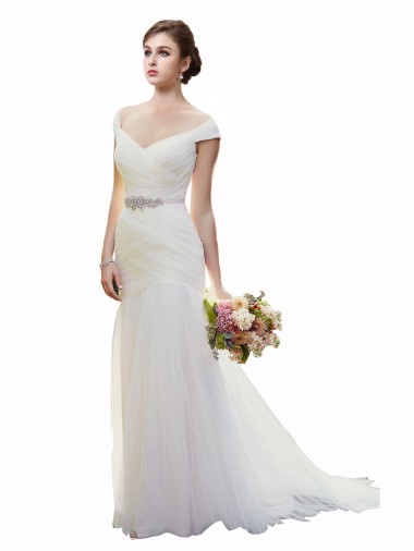 Shop Cap Sleeves Off the Shoulder Ruched Mermaid Tulle Beach Wedding Dress Geelong