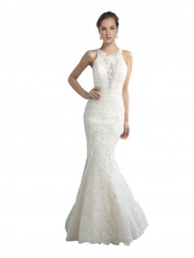 Deep Illusion Neck Mermaid Tulle Beach Wedding Dress with All Over Lace Geelong