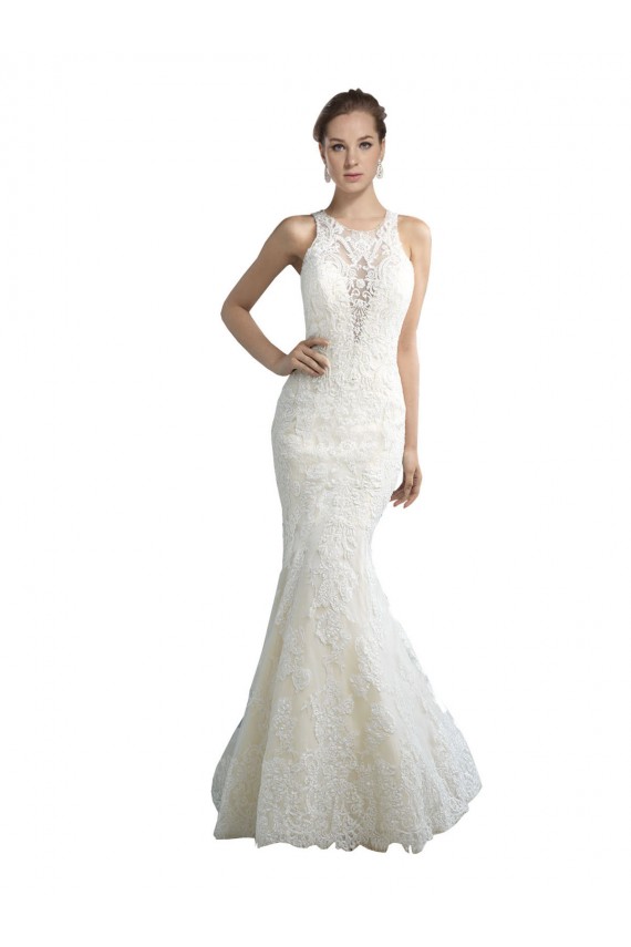 Shop Deep Illusion Neck Mermaid Tulle Beach Wedding Dress with All Over Lace Geelong