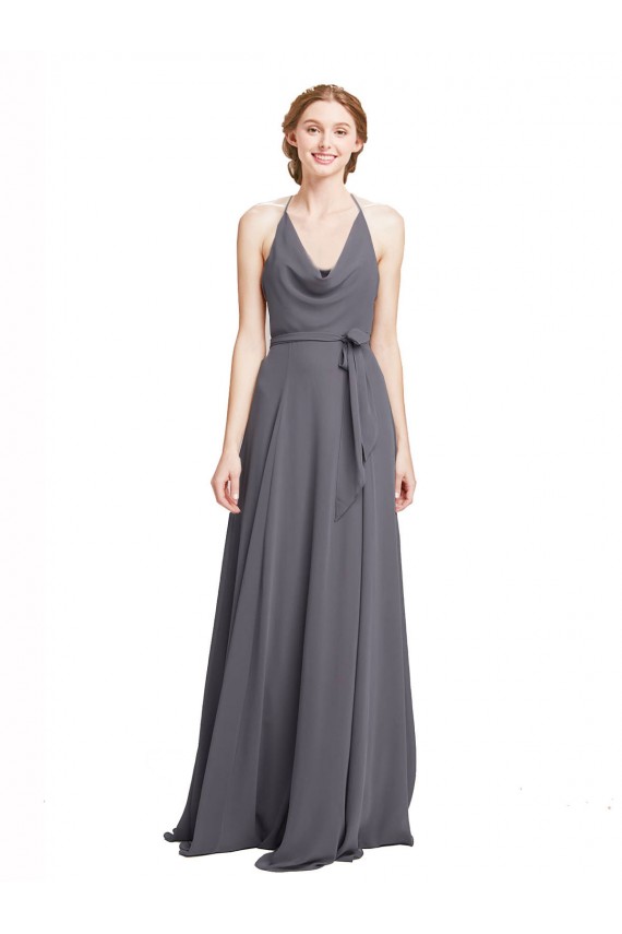 Shop Spaghetti Strap Long Chiffon Bridesmaids Dress with Halter Cowl Neck Geelong