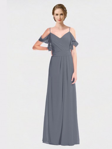 Shop Long Chiffon Spaghetti Strap V-Neck Bridesmaid Dress with Off-The-Shoulder Flutter Sleeves Geelong