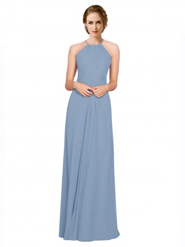 Shop Pleated Halter Neckline A-Line Chiffon Bridesmaid with Criss Cross Back Geelong