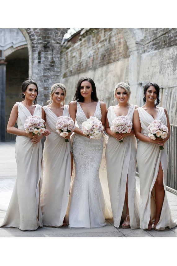 Chiffon Long Champagne Evening Dress with Sexy High Slit and Front Ruffles Geelong