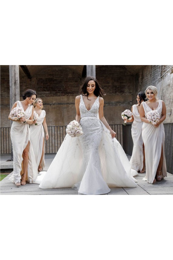 Chiffon Long Champagne Evening Dress with Sexy High Slit and Front Ruffles Geelong