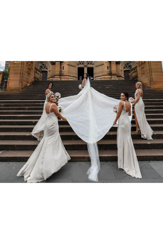 Chiffon Long Champagne Evening Dress with Sexy High Slit and Front Ruffles Geelong