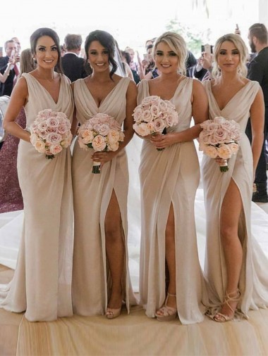 Shop Chiffon Long Champagne Evening Dress with Sexy High Slit and Front Ruffles Geelong