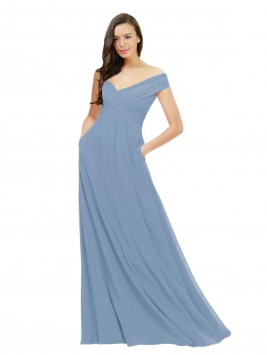 Shop Chiffon Bridesmaid Dress with Classic Off the Shoulder Neckline Geelong