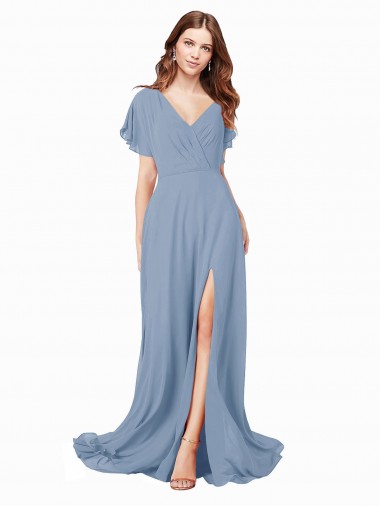 Shop Chiffon Bridesmaid Dress / Prom Dress with Flutter Sleeves and Front Slit Geelong
