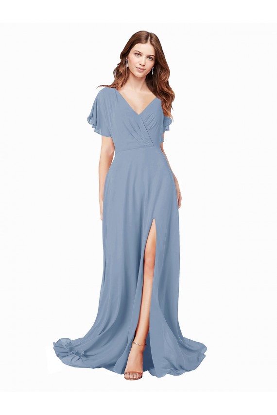 Shop Chiffon Bridesmaid Dress / Prom Dress with Flutter Sleeves and Front Slit Geelong