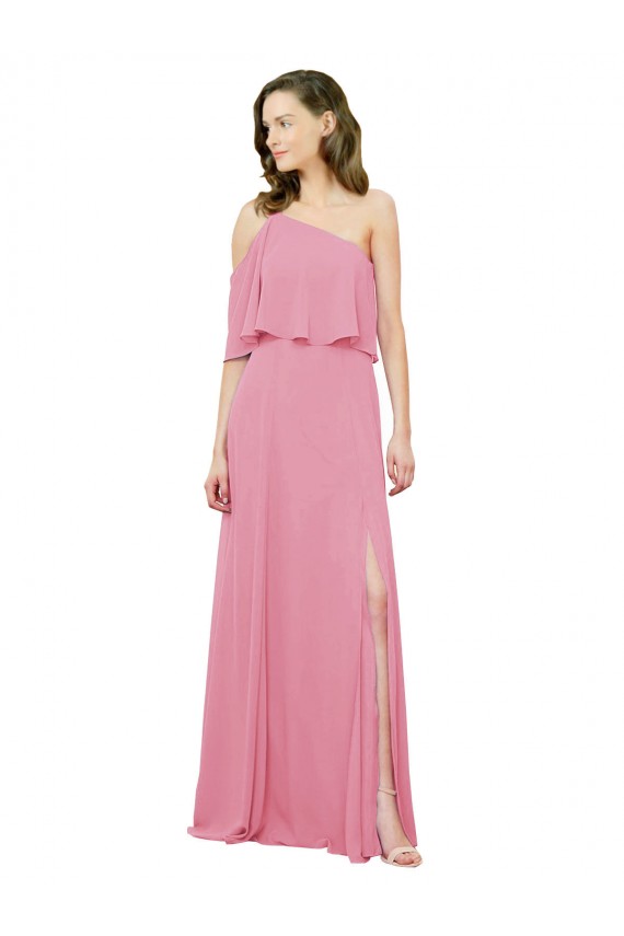 Sleeved One Shoulder Chiffon Bridesmaids Dress with Draped Ruffle Overlay Geelong