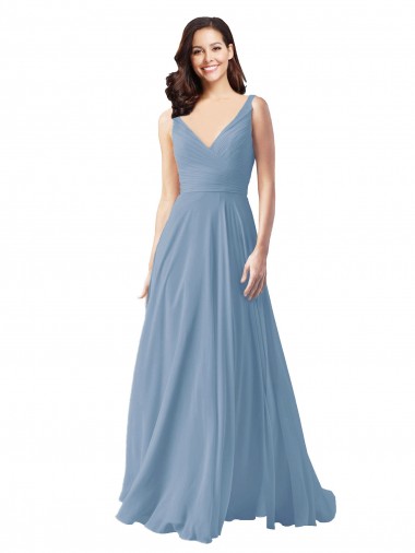 Shop Long Chiffon V-Neck and Self Sash Bridesmaid Dress with Shirred Criss Cross Bodice Geelong