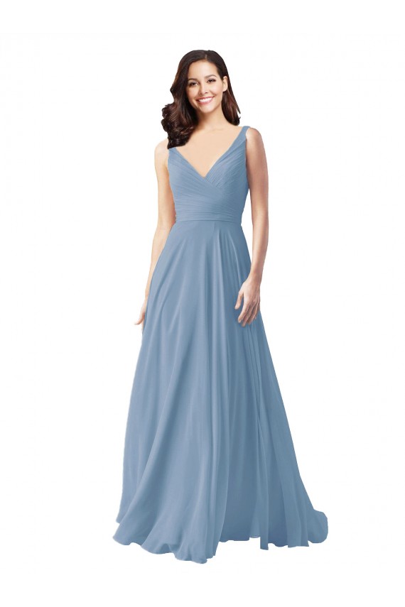 Shop Long Chiffon V-Neck and Self Sash Bridesmaid Dress with Shirred Criss Cross Bodice Geelong