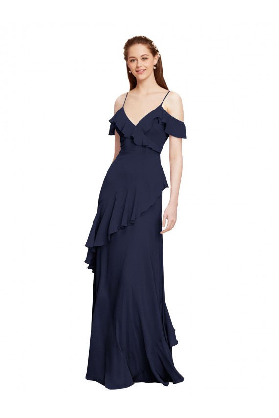 Shop Cascading Ruffles Long Chiffon Bridesmaid Dress with Cold Shoulder Geelong