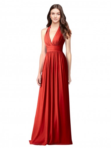 Halter V-Neck A-Line Chiffon Bridesmaid Dress with Shirred Skirt Geelong