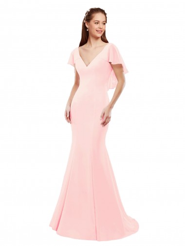 Shop Fit and Flare Chiffon Bridesmaid Dress with V-Neck and Flutter Sleeves Geelong