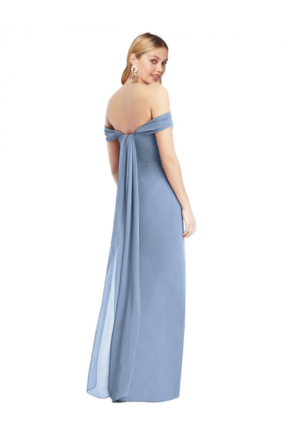 Shop Full Length Draped Off the Shoulder Maxi Bridesmaid Dress with Shirred Streamer Geelong