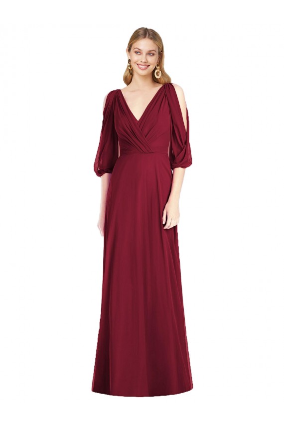 Draped V-Neck Bell Sleeves V-Back Chiffon Bridesmaid Dress Geelong