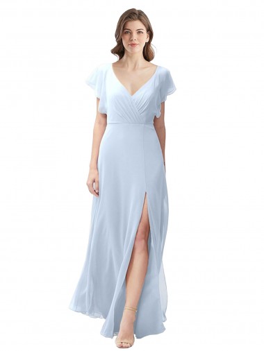 Flutter Sleeves Long Chiffon Bridesmaid Dress with Daring Open Back and Side Slit Geelong