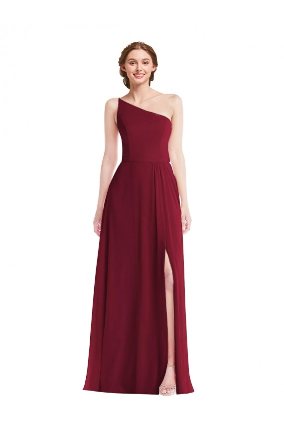 One Shoulder Chiffon Maxi Bridesmaid Dress with Shirred Front Slit Geelong