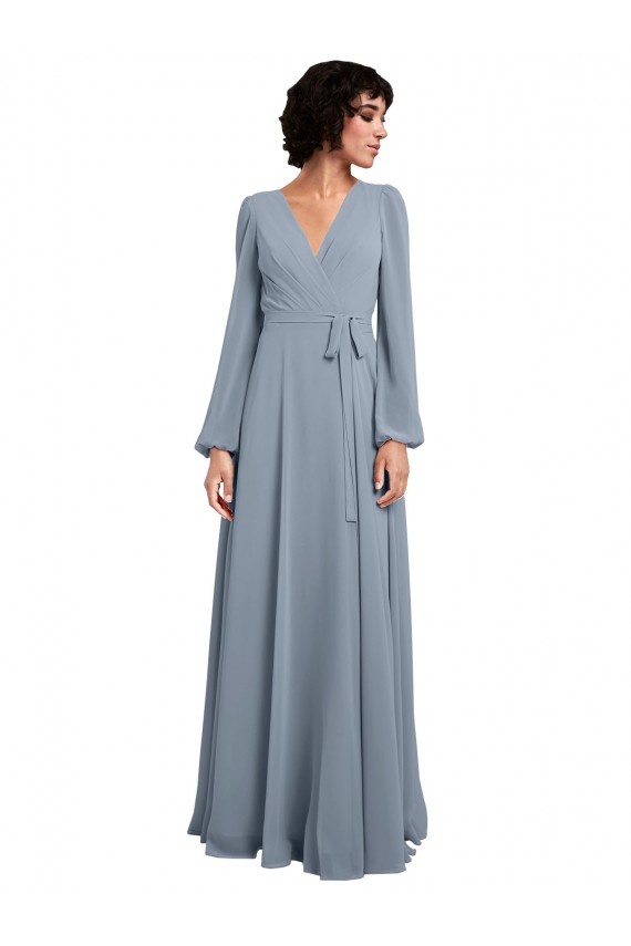 Shop Wrap Style Long Sleeves Chiffon Bridesmaid Dress with Pleated Bodice Geelong