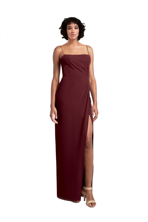 Shop Sleek Straight Neckline Chiffon Bridesmaid Dress with Spaghetti Straps and High Side Slit Geelong