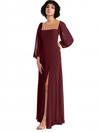 Shop Sheer Long Sleeves Chiffon Bridesmaid Dress with High Slit Geelong