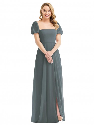 Shop Puff Sleeves Chiffon Maxi Bridesmaid Dress with Front Slit Geelong