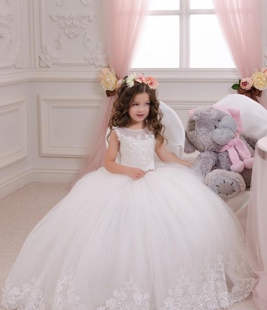 Shop Ivory Ball Gown Bateau Neck Chapel Train Sleeveless Flower Girl Dress Geelong