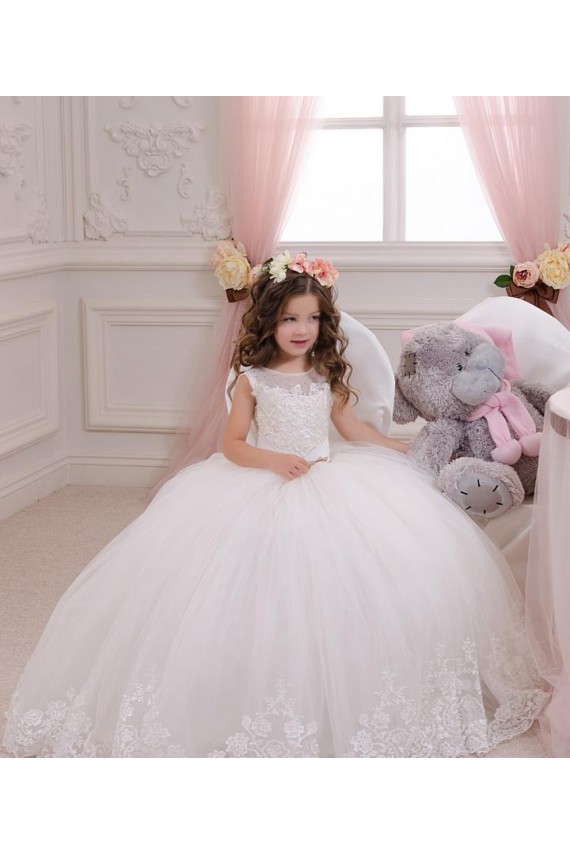 Ivory Ball Gown Bateau Neck Chapel Train Sleeveless Flower Girl Dress Geelong