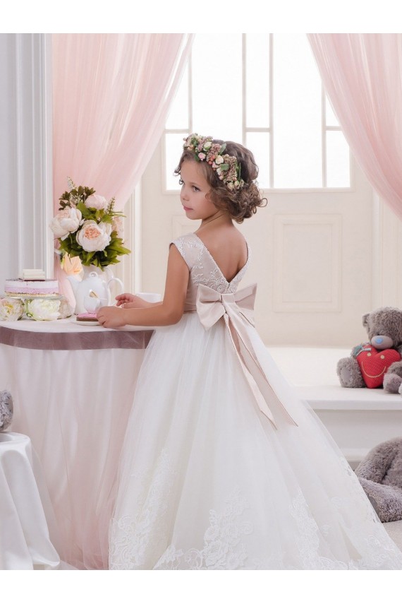 Ivory Ball Gown Bateau Neck Chapel Train V-Back Flower Girl Dress Geelong