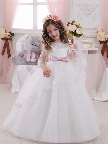 Ivory Ball Gown Bateau Neck Long Chapel Train Sleeveless Flower Girl Dress Geelong