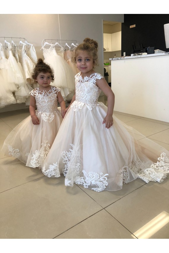 Ivory Ball Gown Chapel Train Sleeveless V-Back Flower Girl Dress Geelong