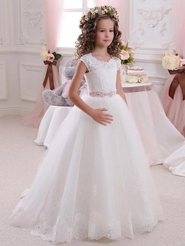 Ivory Ball Gown High Neck Floor Length Keyhole Back Flower Girl Dress Geelong