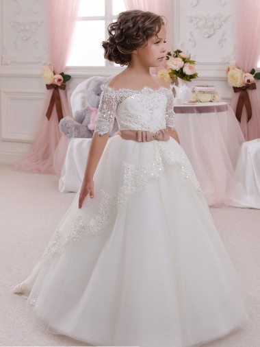 Ivory Ball Gown High Neck Floor Length Short Sleeve Flower Girl Dress Geelong
