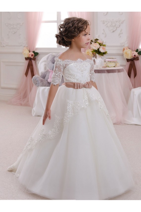 Ivory Ball Gown High Neck Floor Length Short Sleeve Flower Girl Dress Geelong