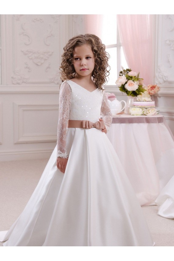 Ivory Ball Gown V-Neck Chapel Train Long Sleeve Flower Girl Dress Geelong