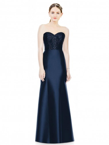 Shop Full Length Strapless Satin Bridesmaid Dress with Lace Sweetheart Neckline Geelong