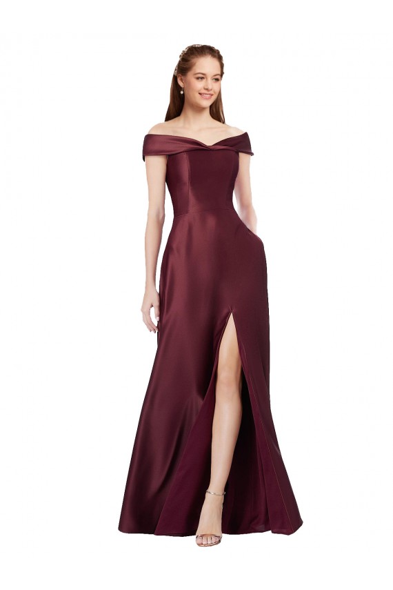 Long Off the Shoulder Formal Satin Bridesmaid Dress / Prom Dress with Thigh-high Slit Geelong
