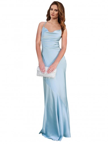 Shop Open Back with Ties Cowl Neck Sheath Formal Silky Satin Long Bridessmaid Dress Geelong