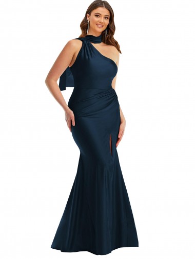 Shop Scarf Neck One Shoulder Formal Silky Satin Mermaid Bridesmaid Dress / Prom Dress with Front Slit Geelong