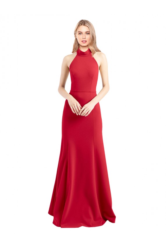 Shop Sleek Fit and Flare High Neck Halter Stretch Formal Crepe Bridesmaid Dress / Prom Dress with Open Back Geelong