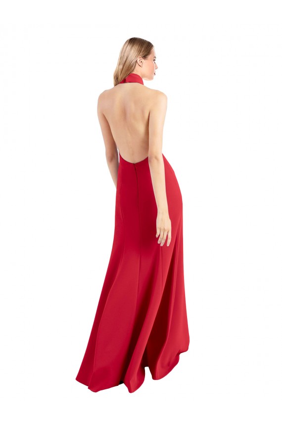 Shop Sleek Fit and Flare High Neck Halter Stretch Formal Crepe Bridesmaid Dress / Prom Dress with Open Back Geelong