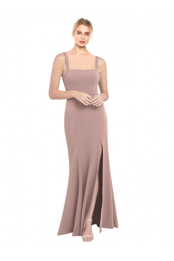 Shop Square Neck Fit and Flare Long Stretch Crepe Bridesmaid Dress / Prom Dress with Side Slit Geelong