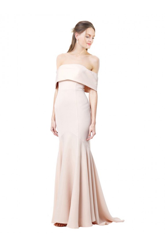 Shop Mermaid Bardot Maxi Formal Crepe Bridesmiad Dress with Fishtail Train Geelong