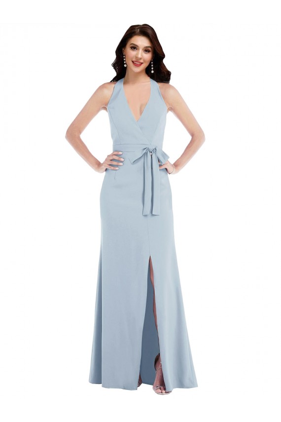 Shop Open Back Halter Maxi Formal Crepe Bridesmaid Dress / Prom Dress with Draped Bow Geelong