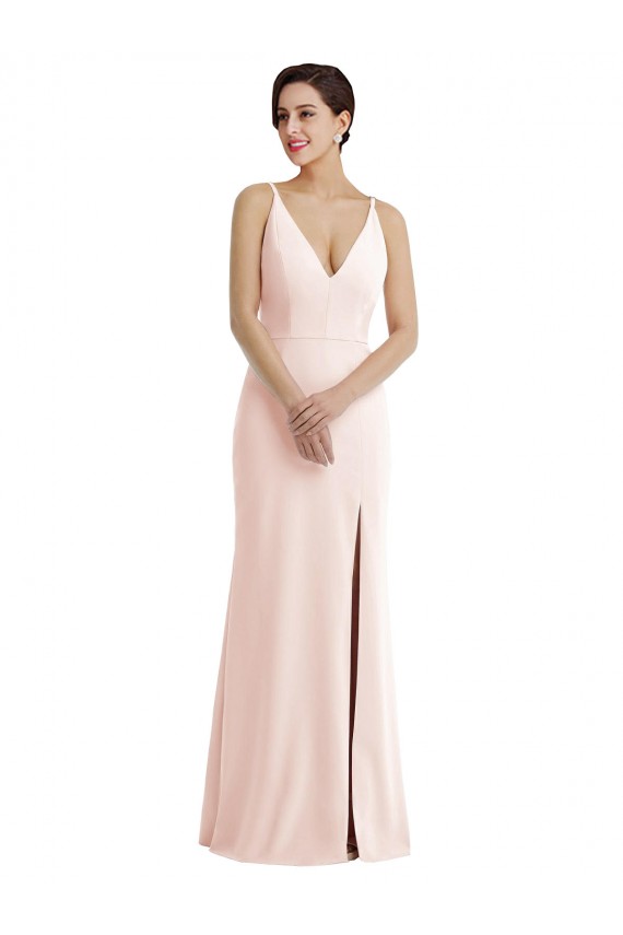 Shop Skinny Strap Deep V-Neck Trumpet Formal Crepe Bridesmaid Dress / Prom Dress with Front Slit Geelong