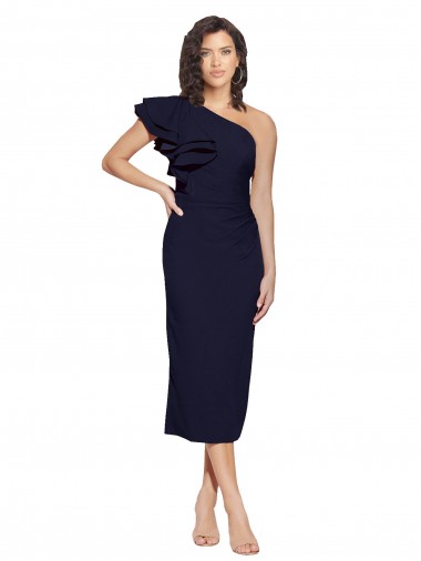 Shop Ruched Midi Length Short Cocktail Formal Crepe Bridesmaid Dress / Prom Dress with Shoulder Ruffles Geelong