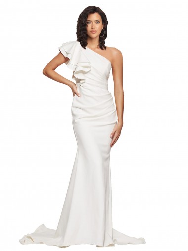 Shop Ruched Long Sweep Train Crepe Bridesmaid Dress / Prom Dress with Shoulder Ruffles Geelong
